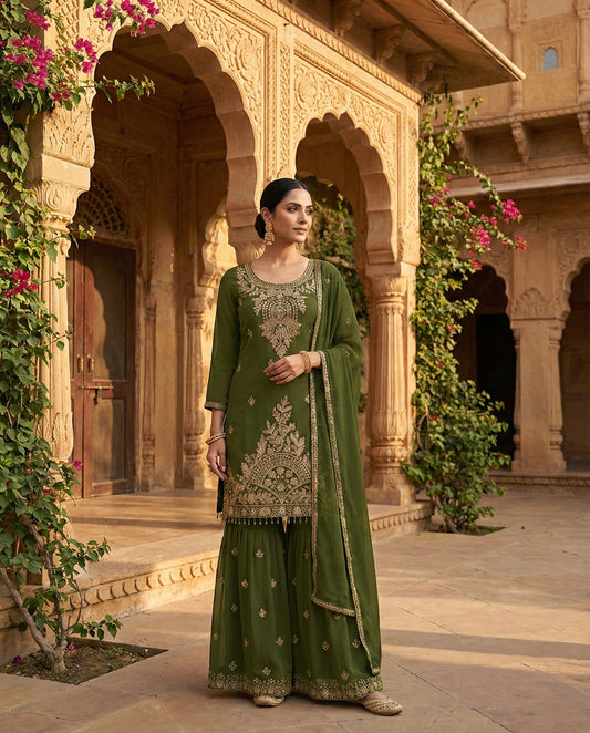 Maithili: Sea Green Embroidered Sharara Set by Velltiska
