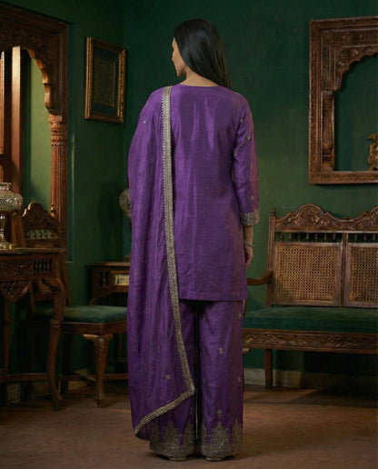 Saba: Rich Violet Embroidered Kurta and Pant Set by Velltiska