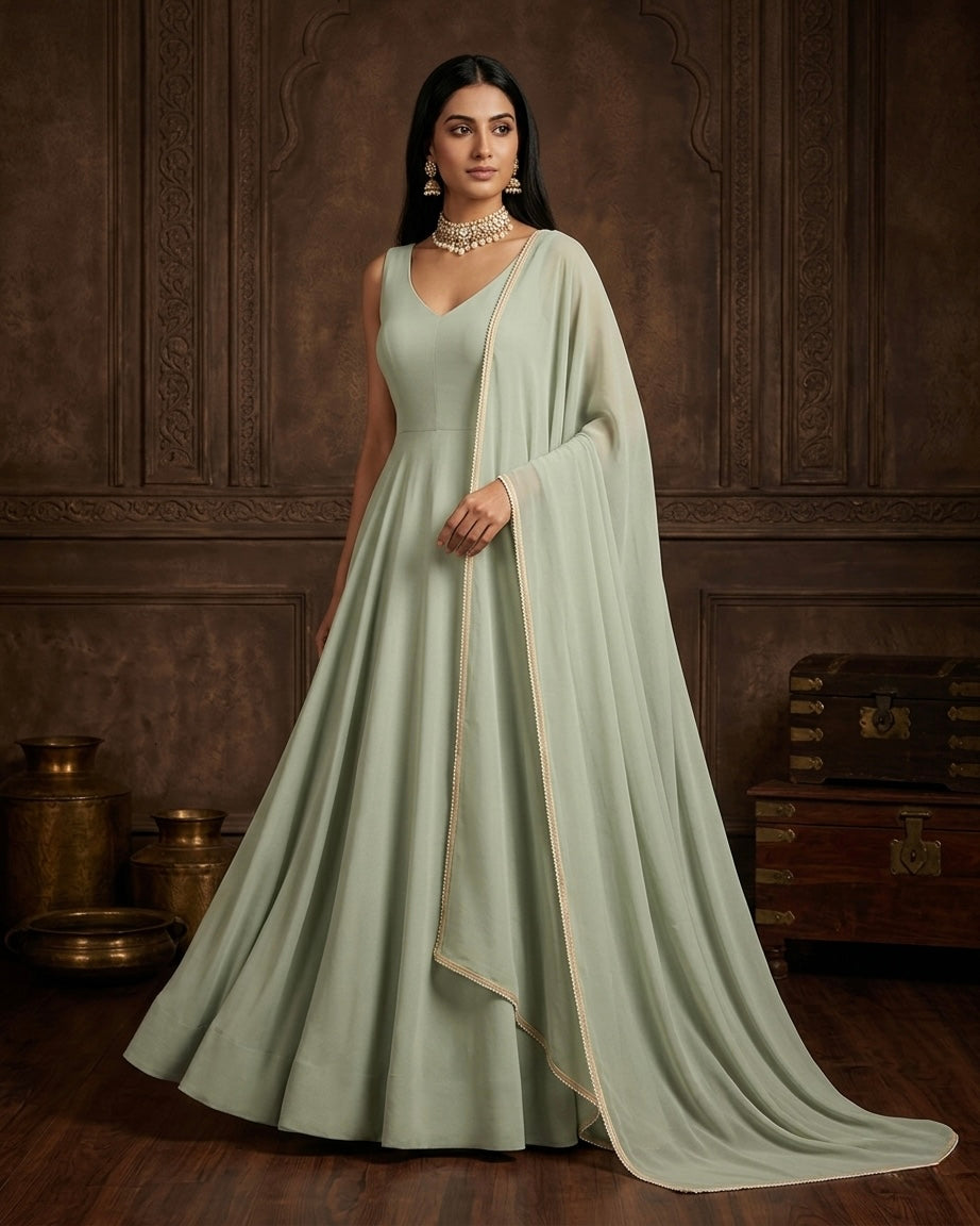 Naaz: Pastel Green Anarkali Kurta Set with Dupatta by Velltiska