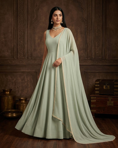 Naaz: Pastel Green Anarkali Kurta Set with Dupatta by Velltiska