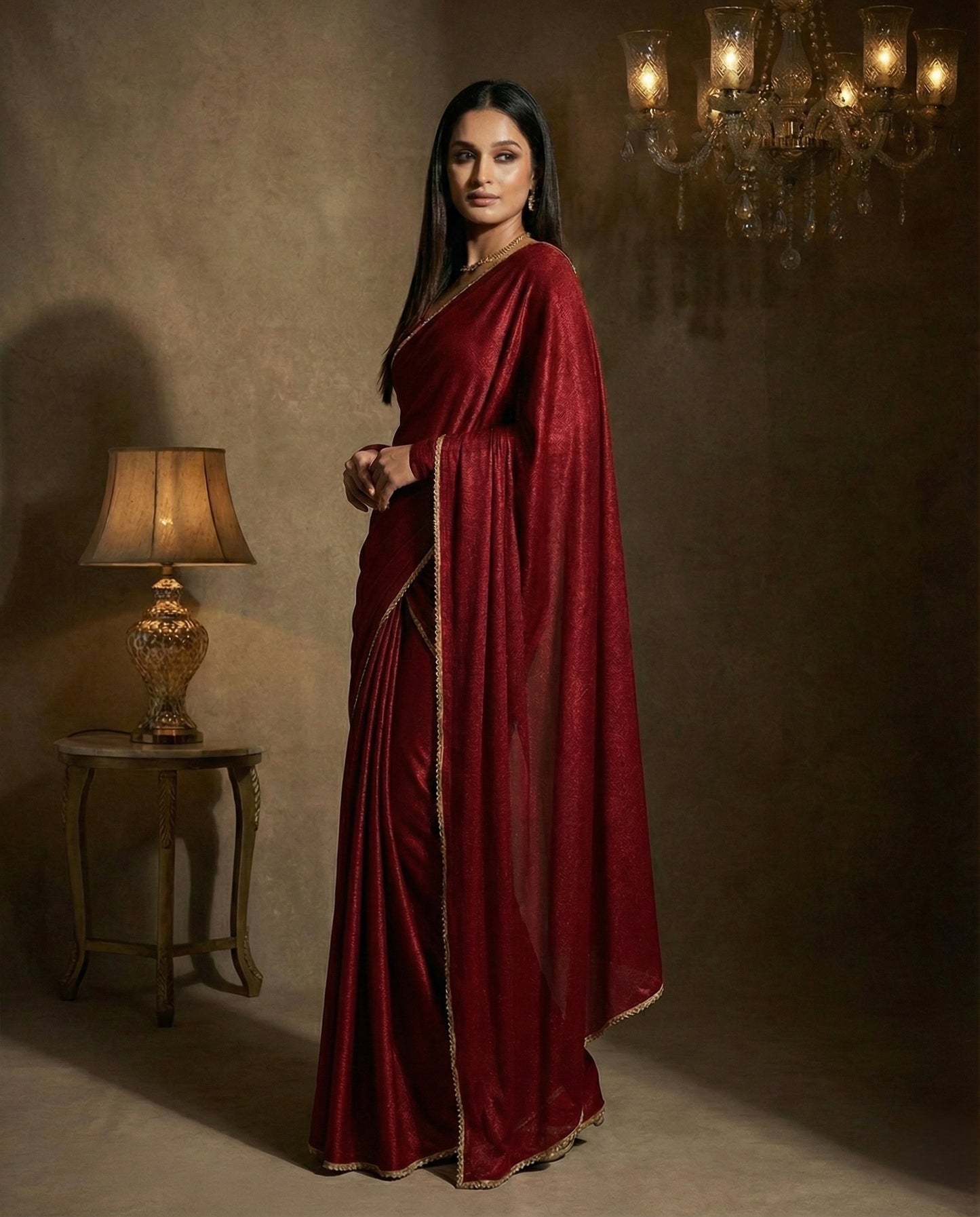 Maharani: Dark Maroon Pre Draped Saree by Velltiska with Golden Lace