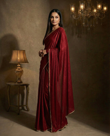 Maharani: Dark Maroon Pre Draped Saree by Velltiska with Golden Lace