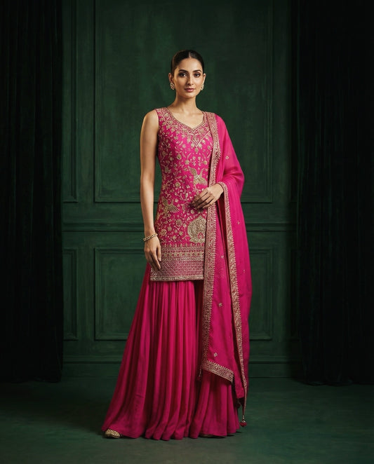 Zara: Royal Pink Emboidered Sharara Suit Set by Velltiska