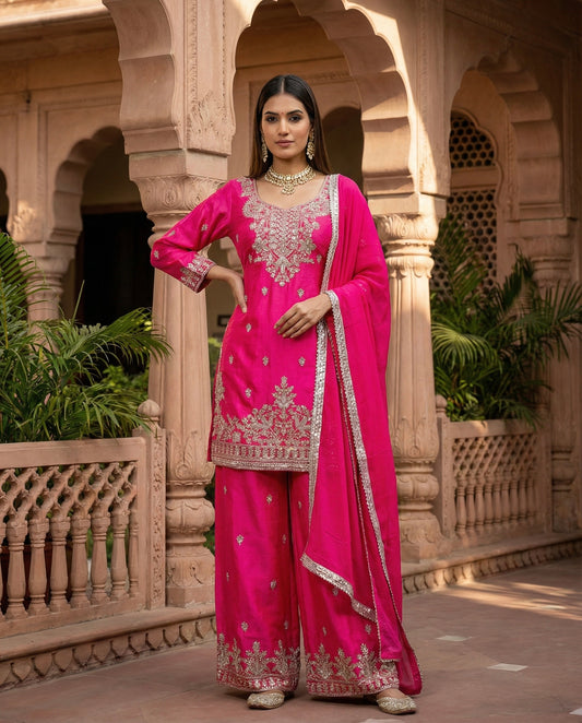 Laila: Hot Pink Embroidered Kurta and Pant Set by Velltiska