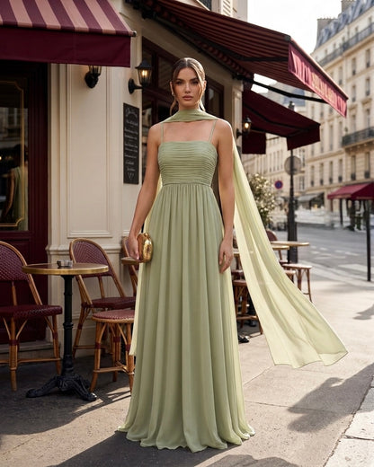 Matcha Pastel Green Gown by Velltiska with Scarf