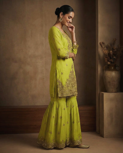 Ravya: Lime Green Embroidered Sharara Set by Velltiska