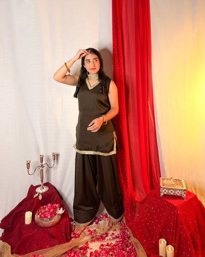 Madhubala: Mocha Brown Farshi Salwar Coord Set by Velltiska