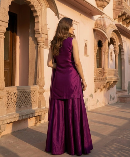 Dhanak: Plum Purple Embroidered Sharara Set by Velltiska
