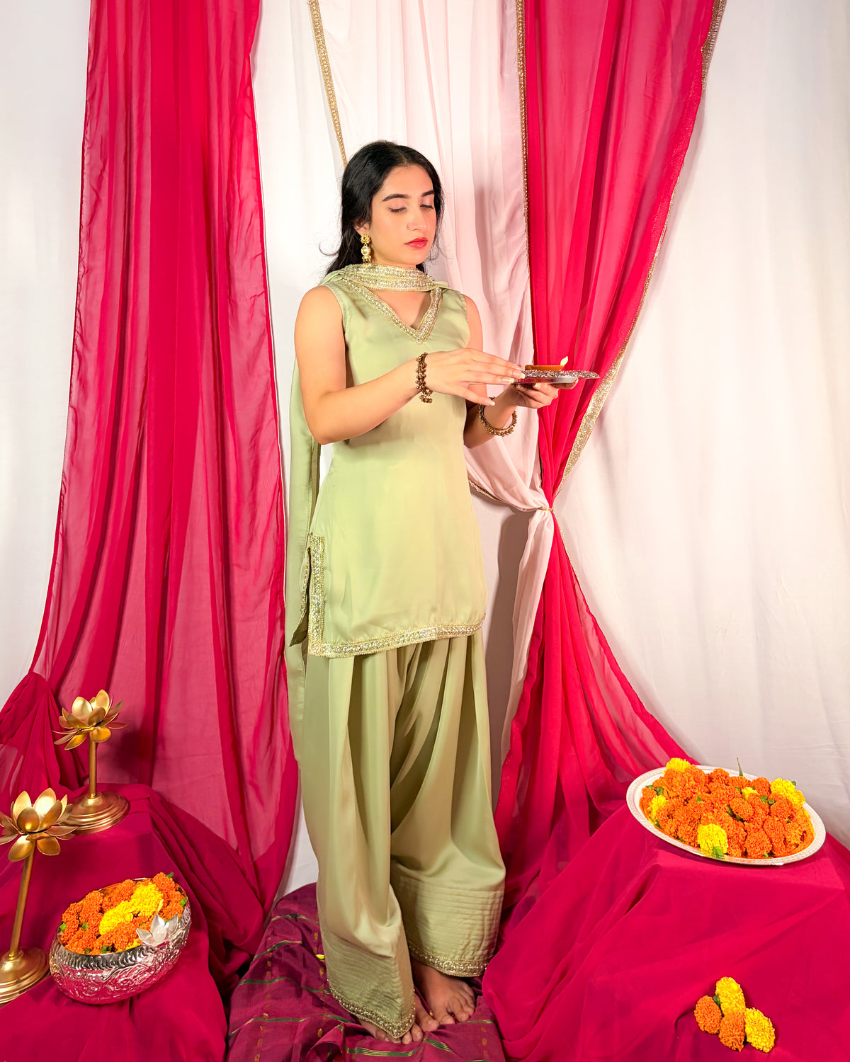 Bela: Pastel Green Farshi Salwar Coord Set by Velltiska