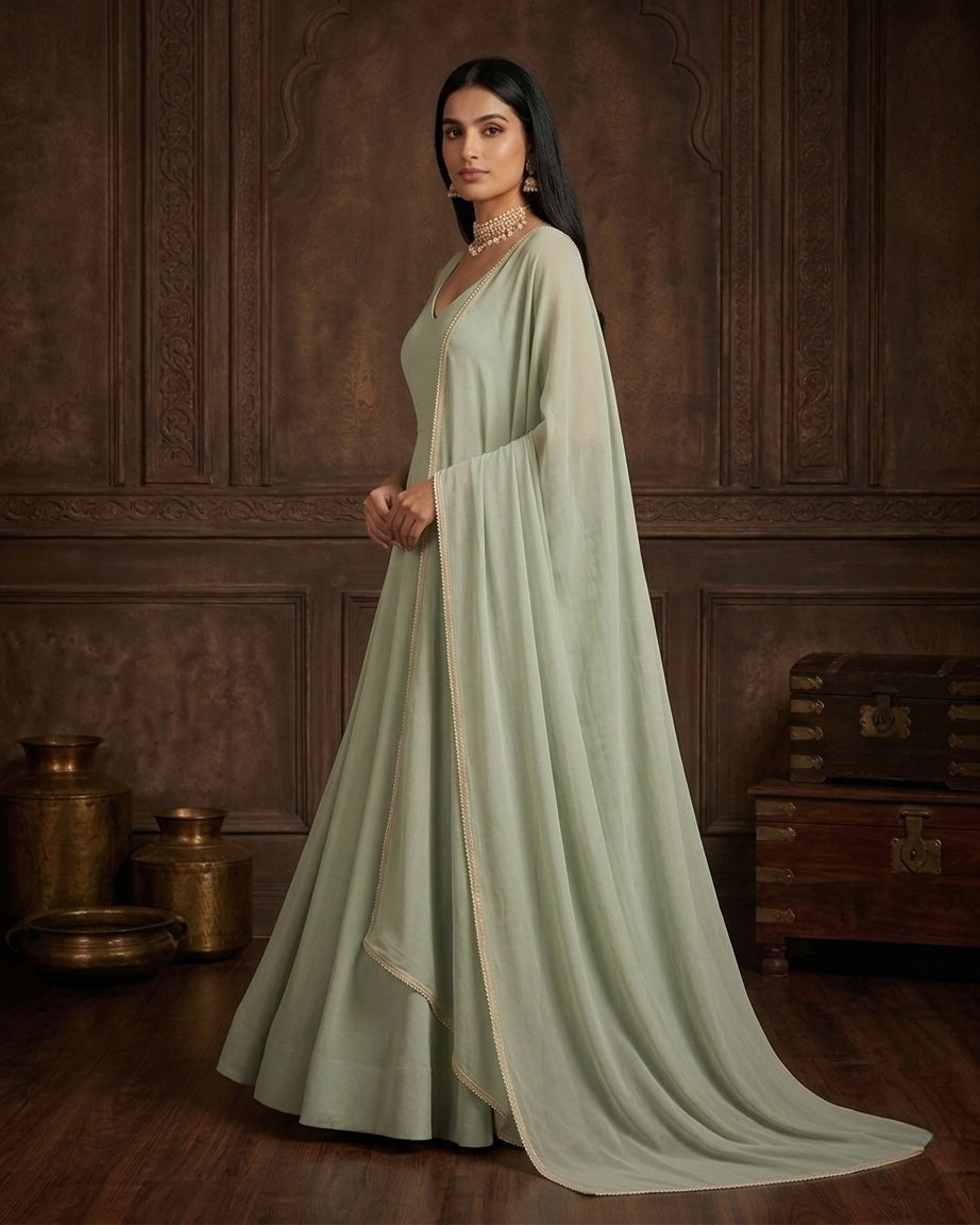Naaz: Pastel Green Anarkali Kurta Set with Dupatta by Velltiska