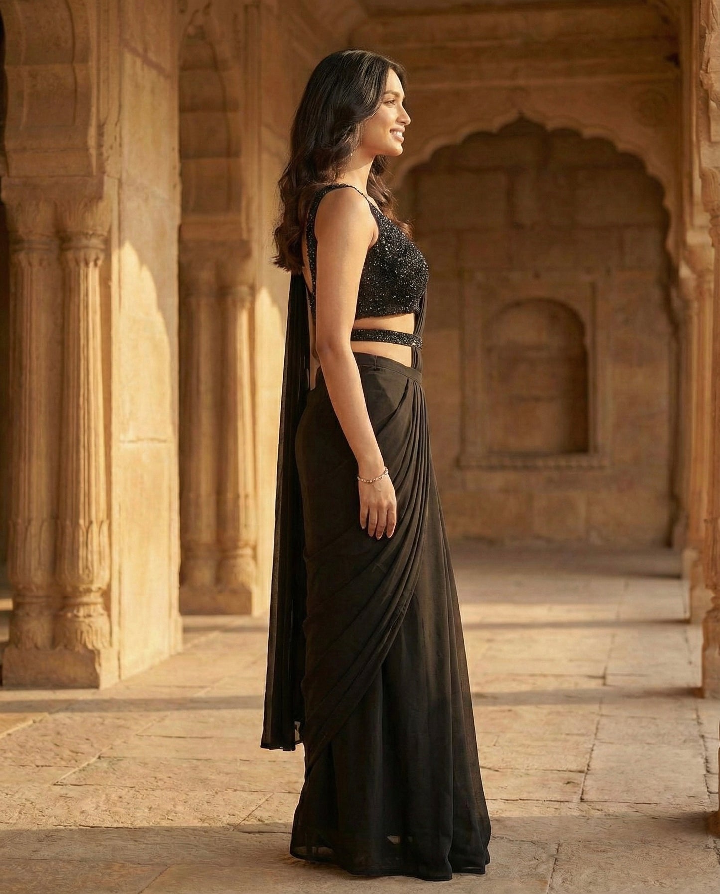 Eclipse: True Black Pre Draped Saree Set by Velltiska