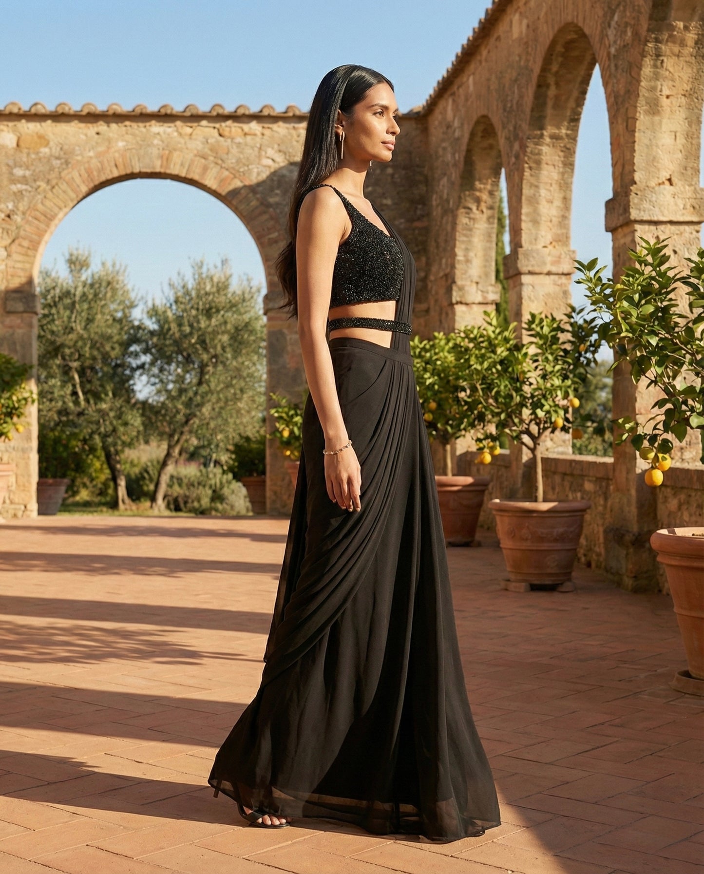 Eclipse: True Black Pre Draped Saree Set by Velltiska