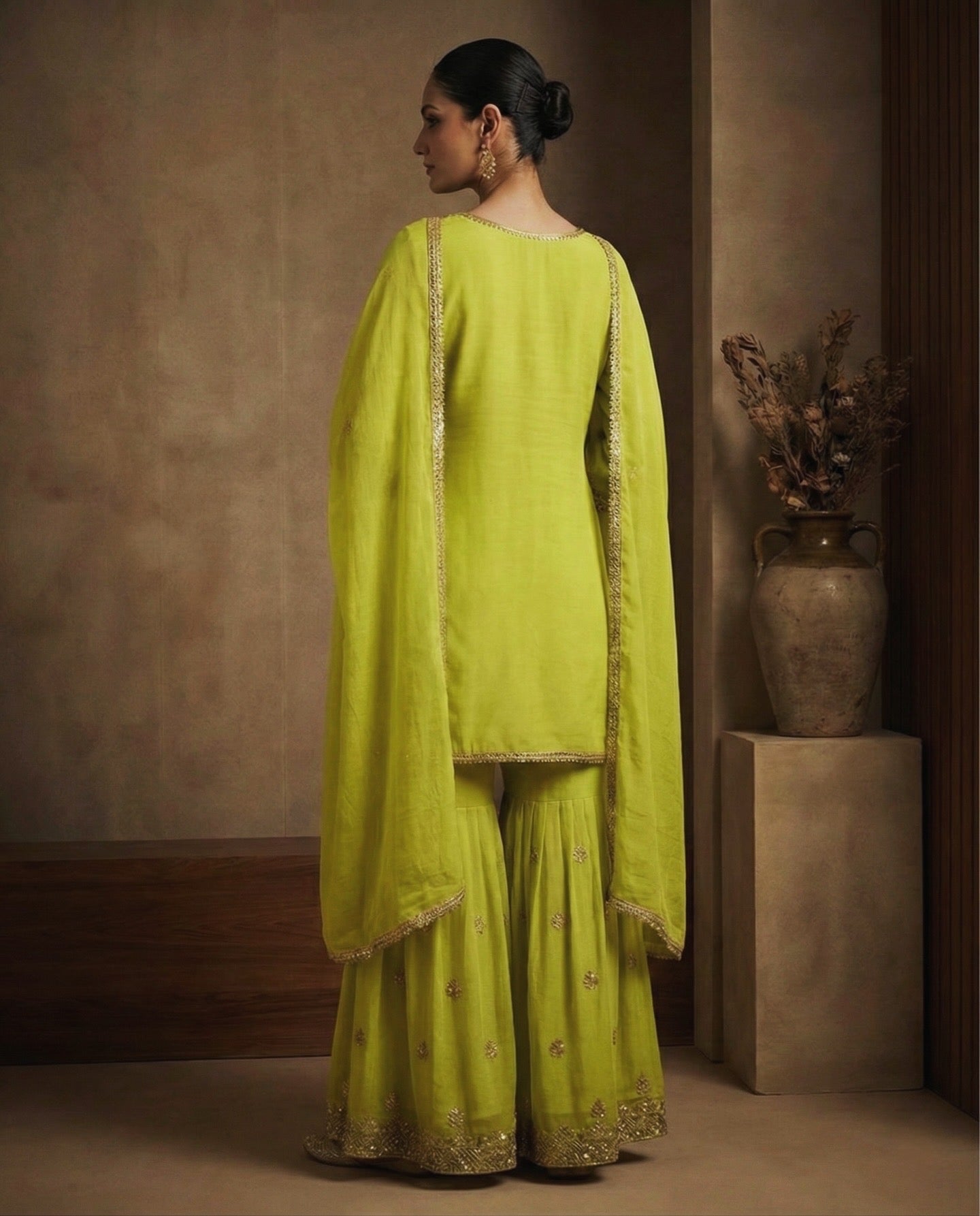 Ravya: Lime Green Embroidered Sharara Set by Velltiska
