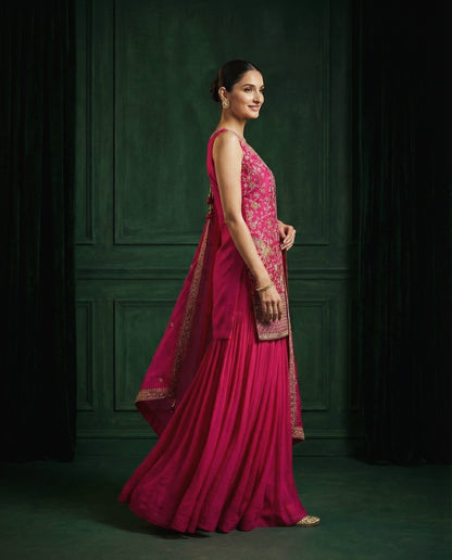 Zara: Royal Pink Emboidered Sharara Suit Set by Velltiska