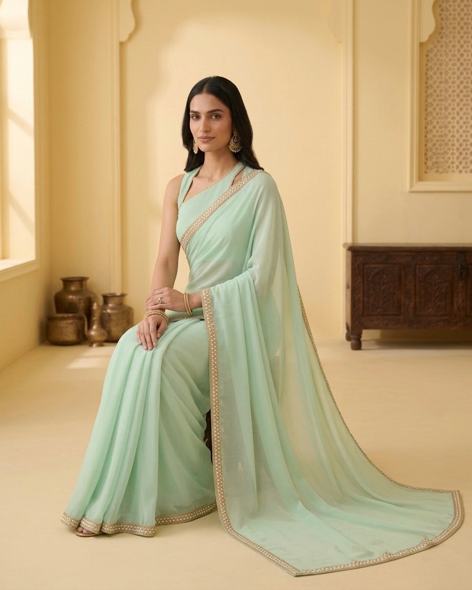 Dhriti: Dusty Mint Green Heavy Georgette Saree with Golden Lace