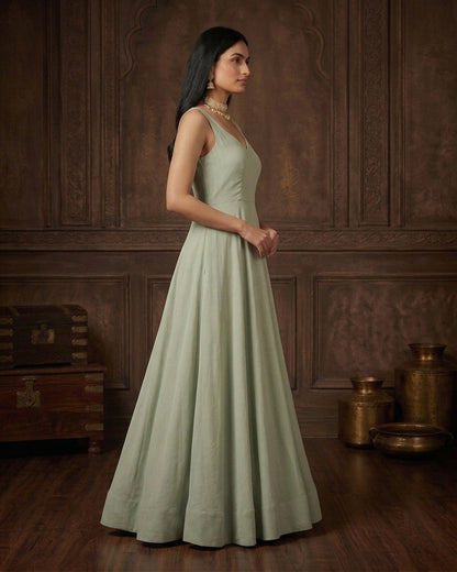 Naaz: Pastel Green Anarkali Kurta Set with Dupatta by Velltiska