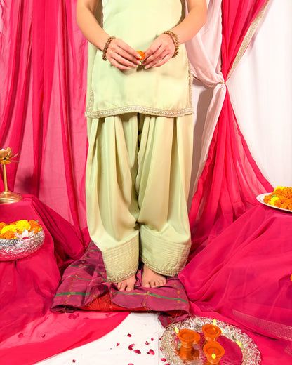 Bela: Pastel Green Farshi Salwar Coord Set by Velltiska