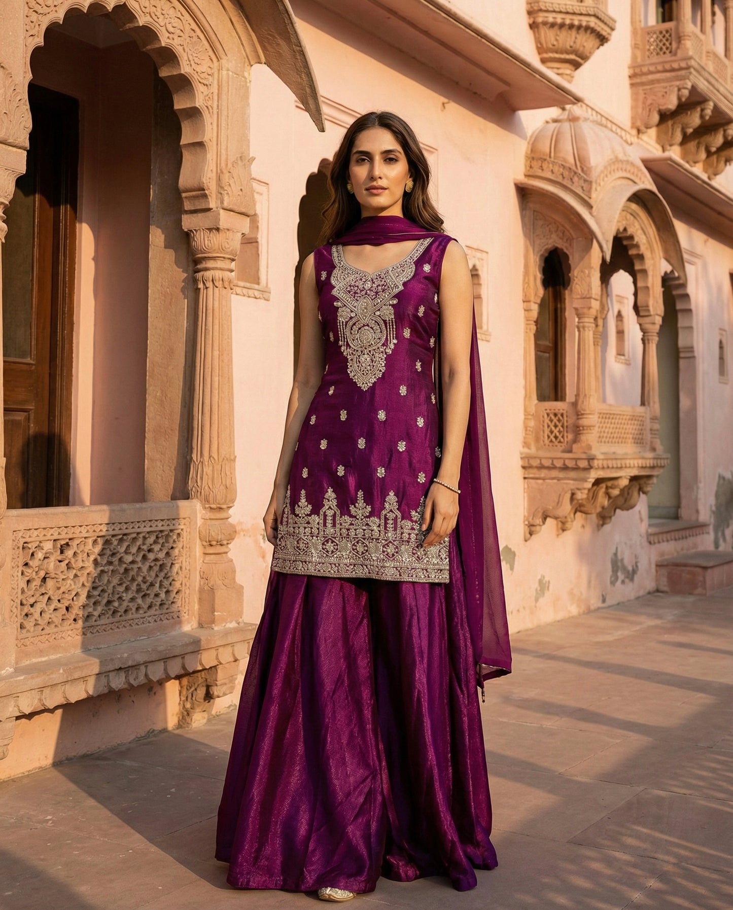 Dhanak: Plum Purple Embroidered Sharara Set by Velltiska