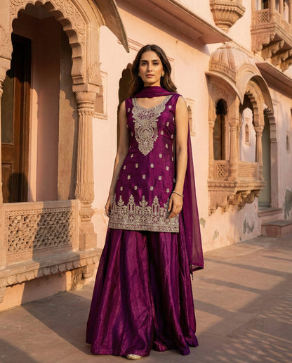 Dhanak: Plum Purple Embroidered Sharara Set by Velltiska