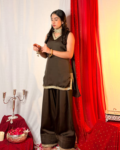Madhubala: Mocha Brown Farshi Salwar Coord Set by Velltiska