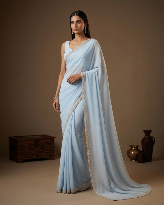 Lavanya: Pastel Blue Heavy Georgette Saree with Golden Lace