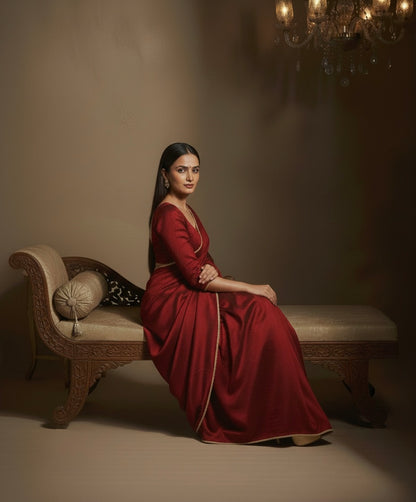 Maharani: Dark Maroon Pre Draped Saree by Velltiska with Golden Lace