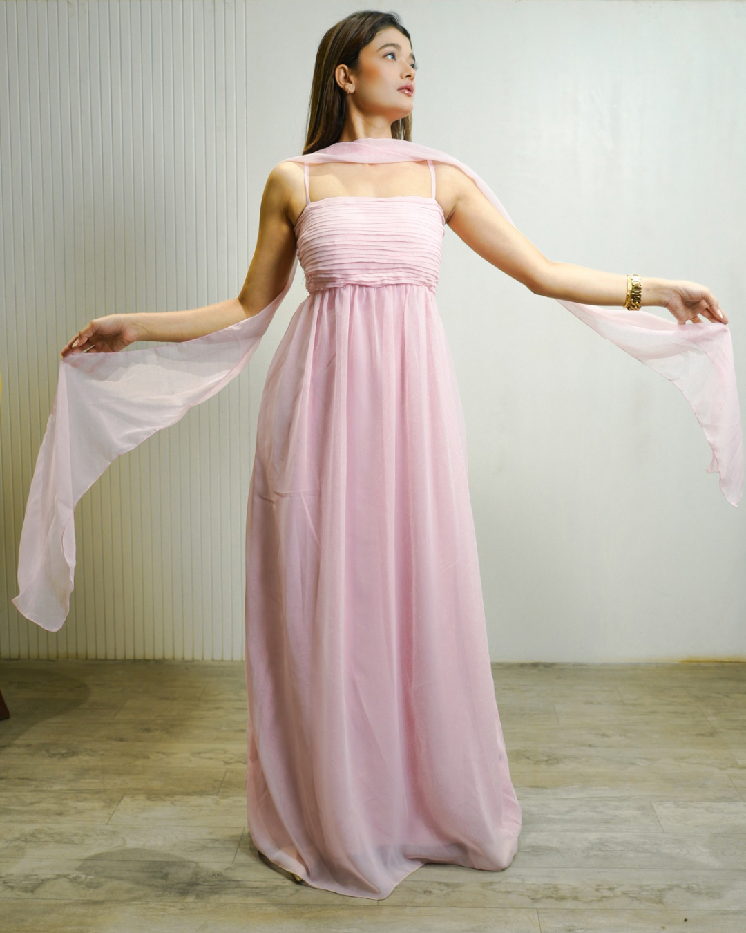 Raspberry Pastel Pink Gown by Velltiska with Scarf