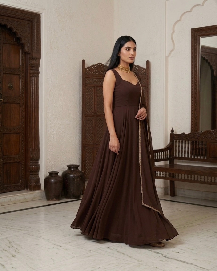 Qahva: Espresso Brown Anarkali Kurta Set with Dupatta by Velltiska