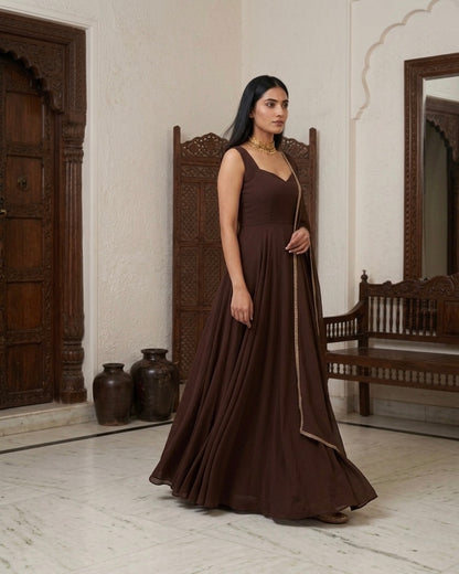 Qahva: Espresso Brown Anarkali Kurta Set with Dupatta by Velltiska