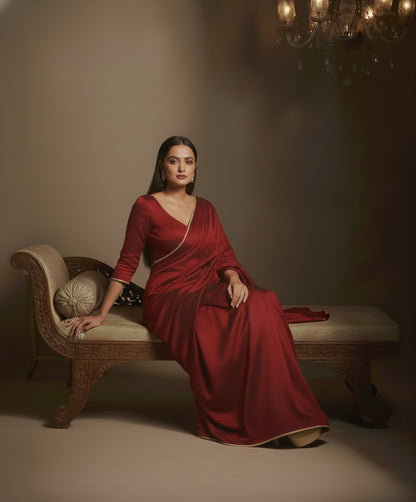 Maharani: Dark Maroon Pre Draped Saree by Velltiska with Golden Lace
