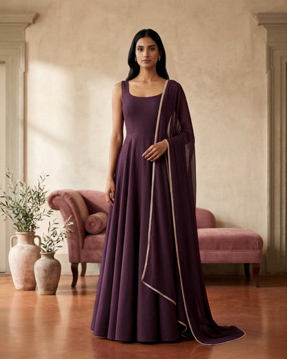 Roshae: Deep Mauve Anarkali Kurta Set with Dupatta by Velltiska