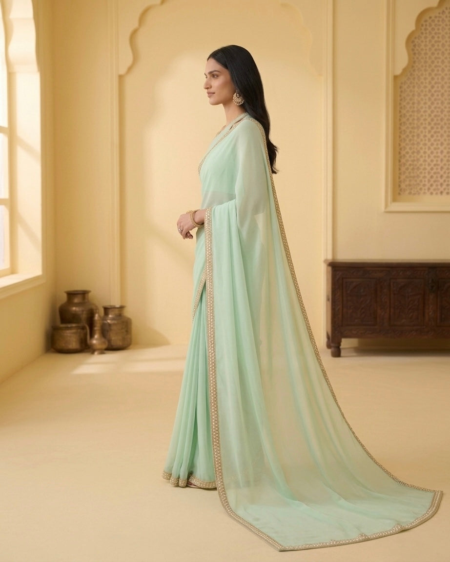 Dhriti: Dusty Mint Green Heavy Georgette Saree with Golden Lace