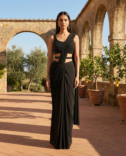 Eclipse: True Black Pre Draped Saree Set by Velltiska