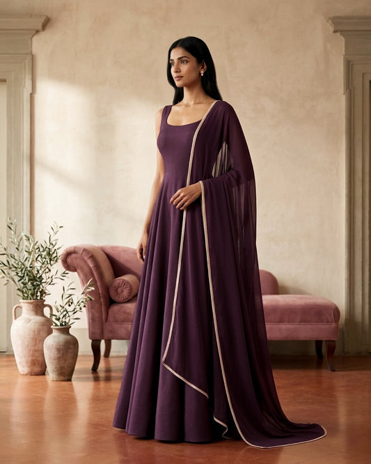 Roshae: Deep Mauve Anarkali Kurta Set with Dupatta by Velltiska