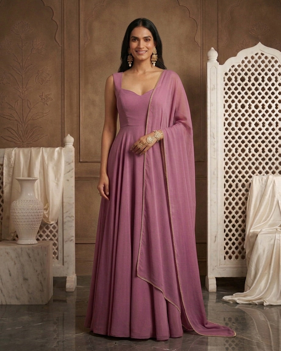 Gulzar: Mauve Pink Anarkali Kurta Set with Dupatta by Velltiska