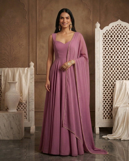 Gulzar: Mauve Pink Anarkali Kurta Set with Dupatta by Velltiska