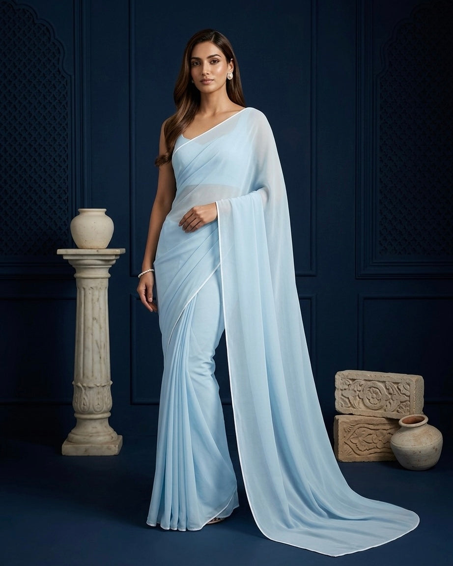 Ela: Pastel Blue Heavy Georgette Saree with White Piping