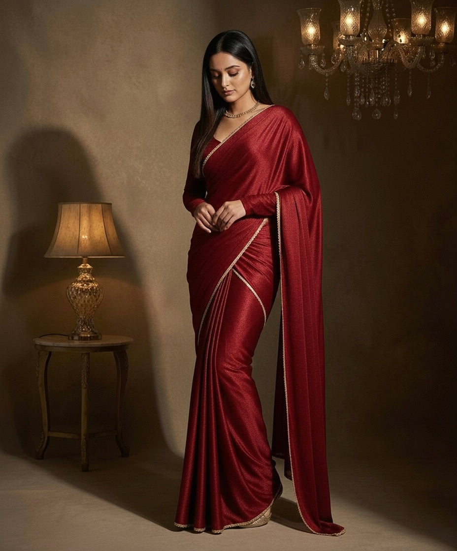 Maharani: Dark Maroon Pre Draped Saree by Velltiska with Golden Lace