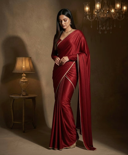 Maharani: Dark Maroon Pre Draped Saree by Velltiska with Golden Lace