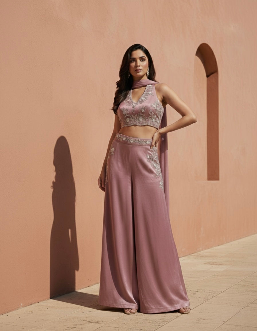 Ayra: Soft Mauve Pink Emboidered Co-ord Set by Velltiska