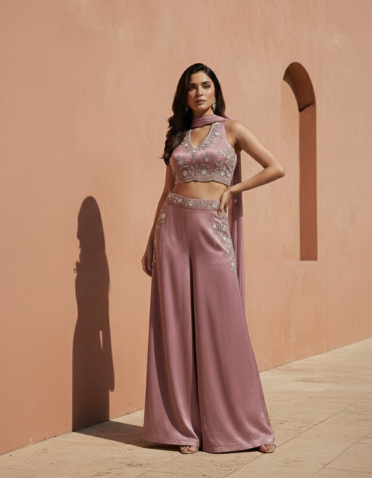 Ayra: Soft Mauve Pink Emboidered Co-ord Set by Velltiska