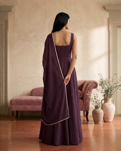 Roshae: Deep Mauve Anarkali Kurta Set with Dupatta by Velltiska