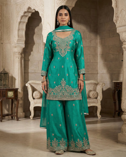 Rida: Teal Green Embroidered Kurta and Pant Set by Velltiska