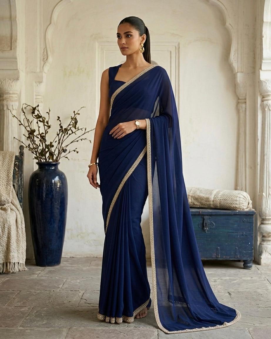 Zayra: Navy Blue Heavy Georgette Saree with Golden Lace