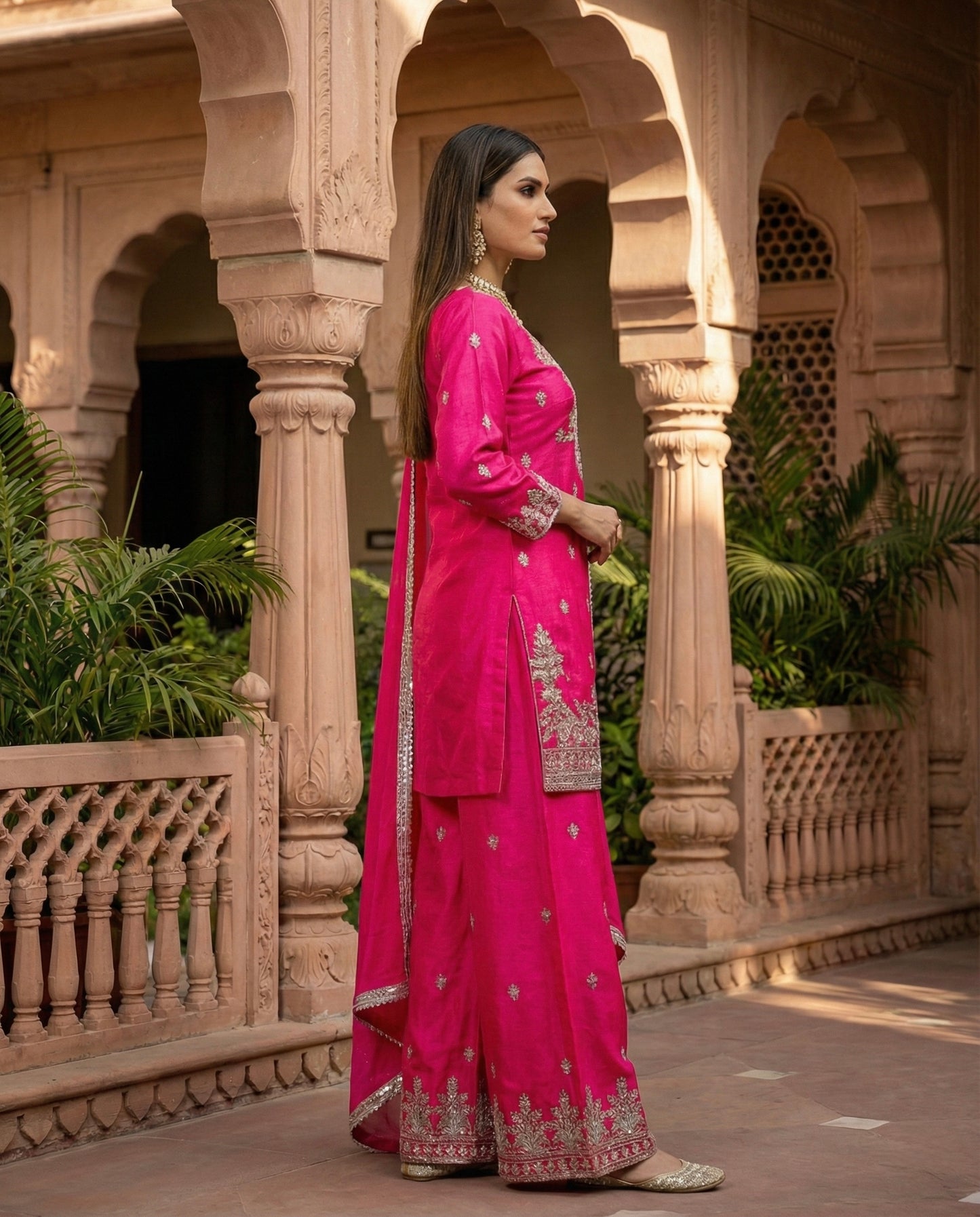Laila: Hot Pink Embroidered Kurta and Pant Set by Velltiska