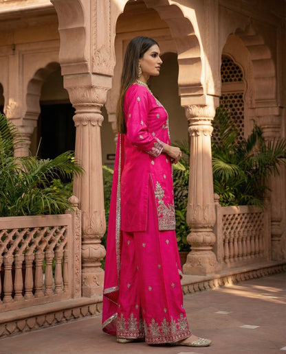 Laila: Hot Pink Embroidered Kurta and Pant Set by Velltiska