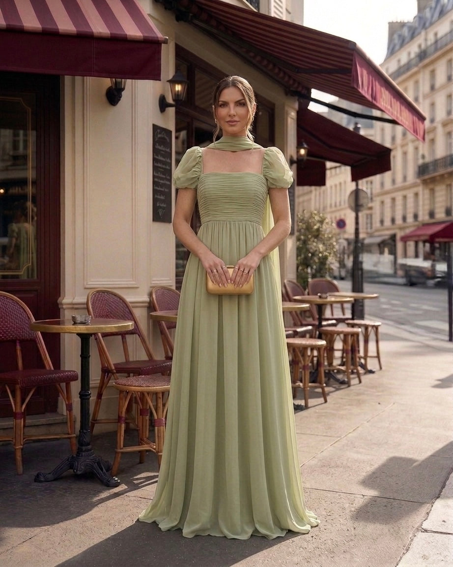 Matcha Pastel Green Gown by Velltiska with Scarf