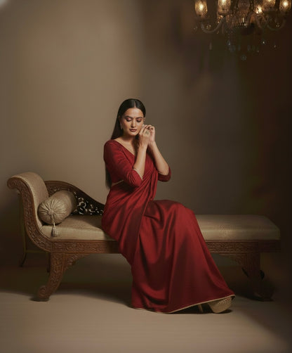 Maharani: Dark Maroon Pre Draped Saree by Velltiska with Golden Lace