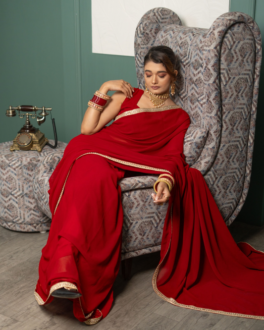 Velltiska Signature Red Saree With Unstitched Blouse