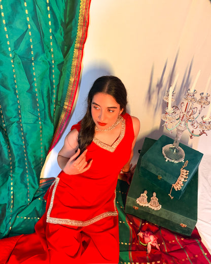 Padmini: Kumkum Red Farshi Salwar Coord Set by Velltiska